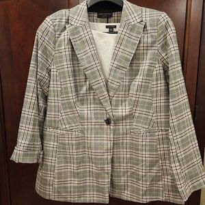 Chic Women's Plaid Blazer - Cream and Gray